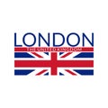 London text. Typography design with England or UK flag. London city banner, poster, Tee print, T-shirt graphics with British flag.